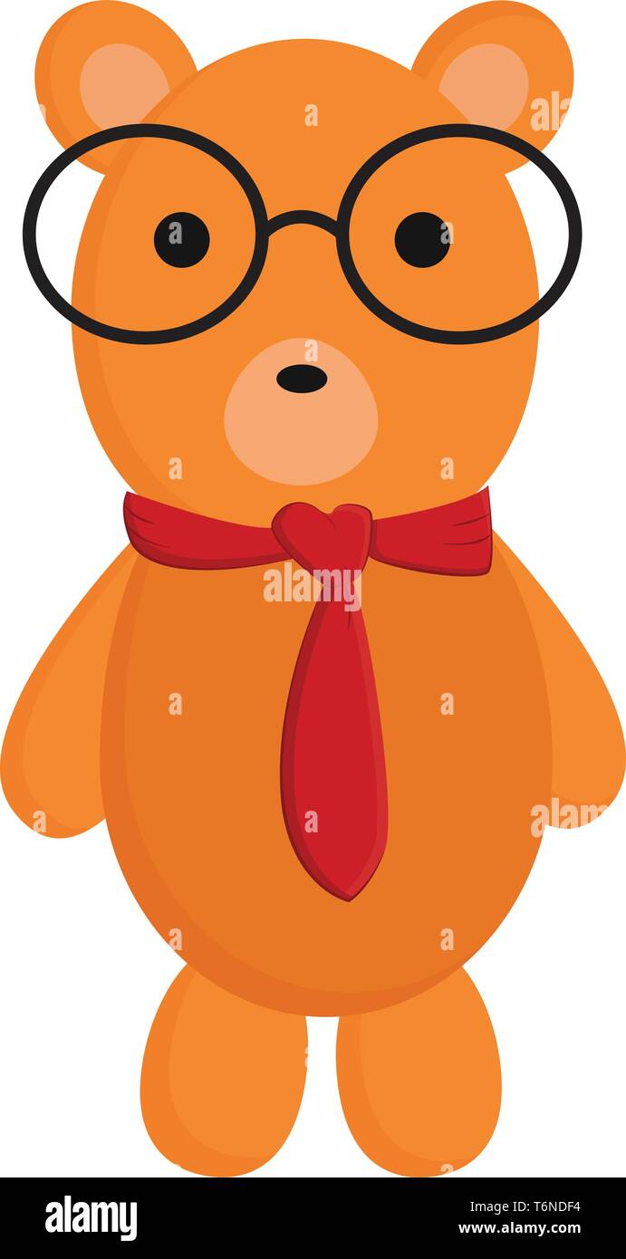 Clipart eines süßen Teddybär trägt eine rote Krawatte mit Herz und große Brillen im Stehen, schaut neugierig vector Farbe, Zeichnung oder Abbildung Stock Vektor