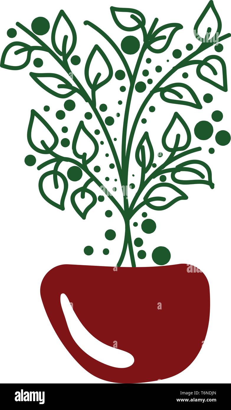 Porträt eines roten Schüssel vergossen mit einer kleinen Pflanze von oval geformte Blätter vector Farbe, Zeichnung oder Abbildung Stock Vektor