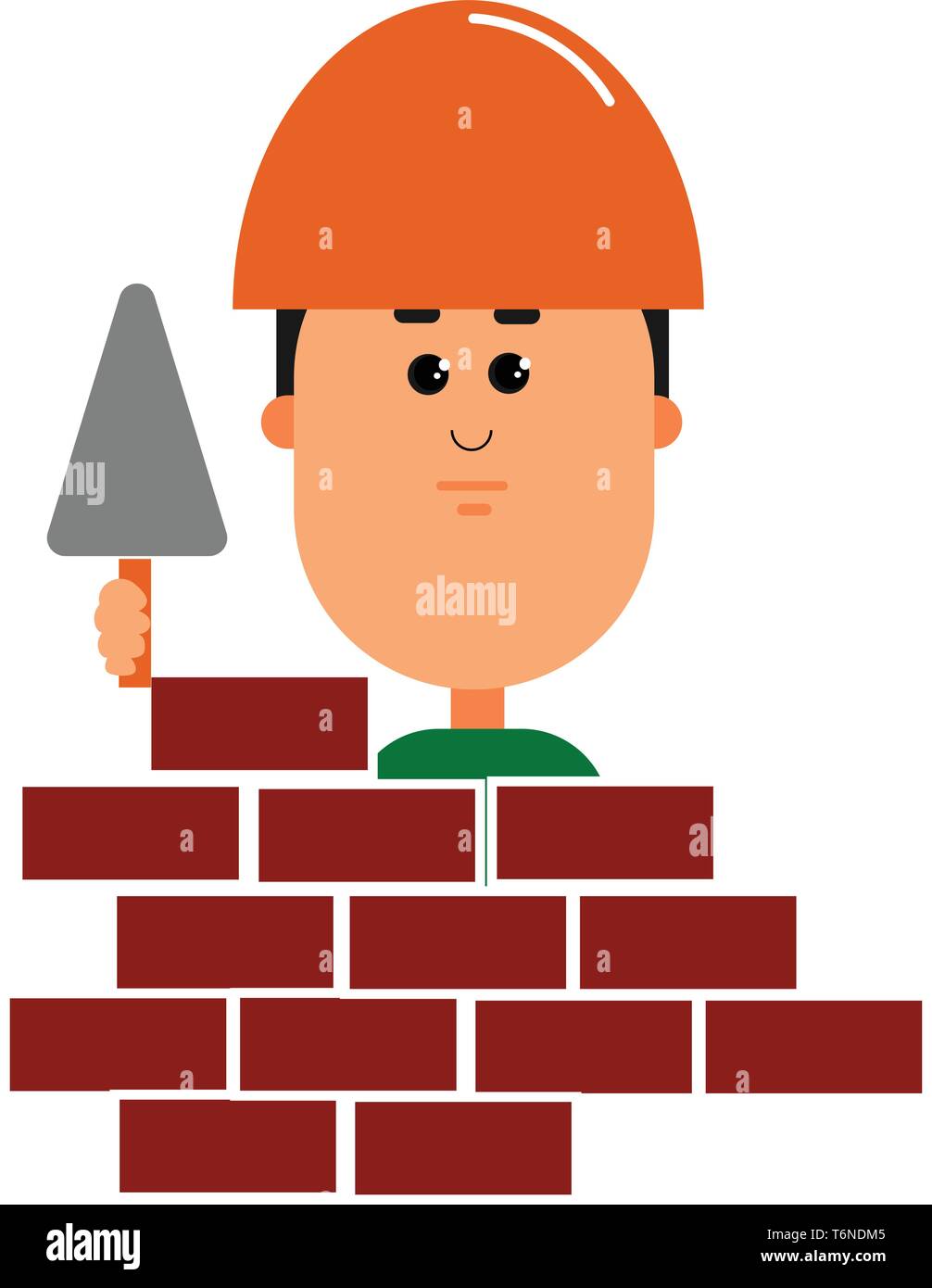 Clipart von einem Baumeister, das Tragen eines orange Hut hält eine Kelle Ebene und arbeitet rund um die Mauer vector Farbe, Zeichnung oder Abbildung Stock Vektor
