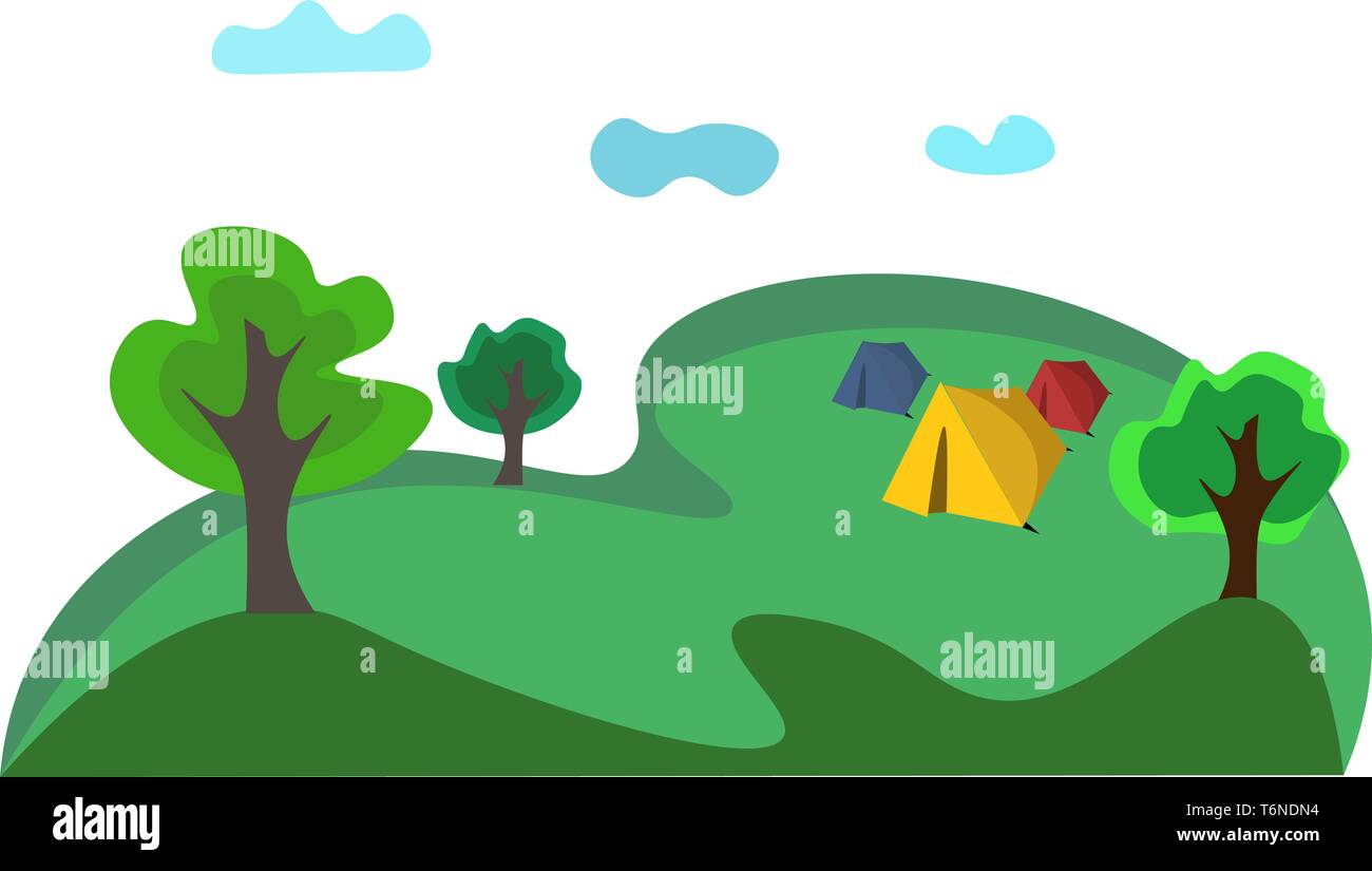 Eine Landschaft von einem Campingplatz mit drei Zelte in blau gelben und roten Farben über grünes Land mit wenigen Bäume gegen den Himmel Vektor in der Farbe der Zeichnung oder krank Stock Vektor Eine Landschaft von einem Campingplatz mit drei Zelte in blau gelben und roten Farben über grünes Land mit wenigen Bäume gegen den Himmel Vektor in der Farbe der Zeichnung oder krank Stock Vektor