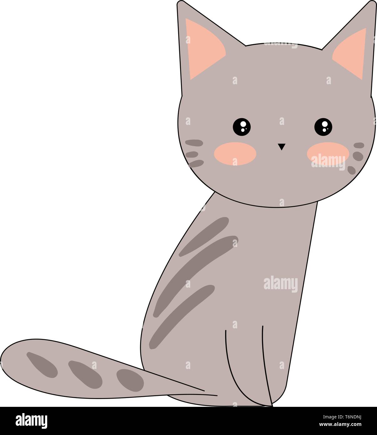 Porträt einer niedlichen graue Katze mit rosa Ohren umgekehrtes Dreieck - wie Nase einen buschigen Schwanz vor einem weißen Hintergrund sitzt und sieht glücklich aus Vector Farbe Stock Vektor