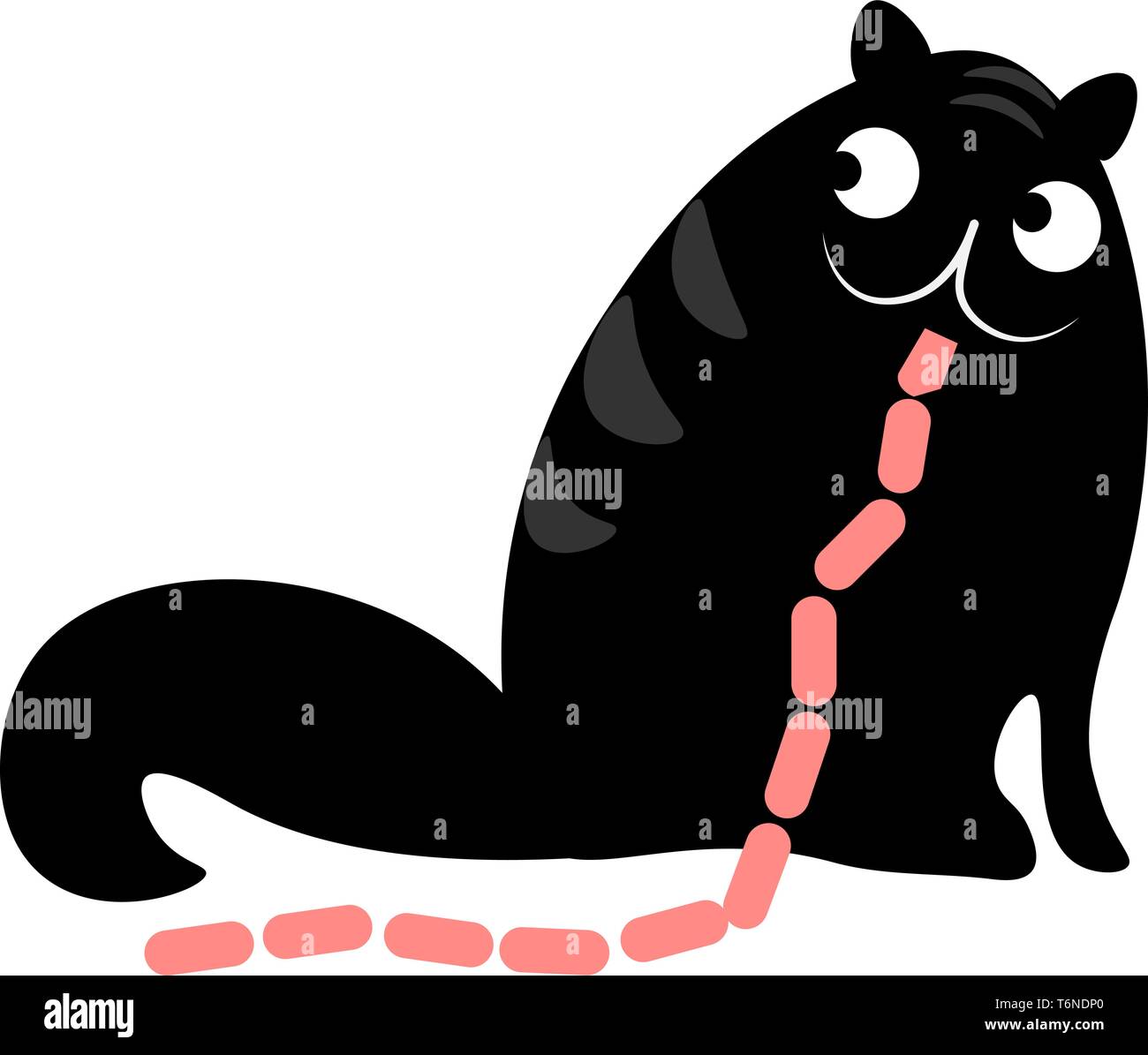 Gemälde von einem großen schwarzen Katze mit seinen Augen rollten nach links hat einen buschigen Schwanz und essen Würstchen vector Farbe, Zeichnung oder Abbildung Stock Vektor