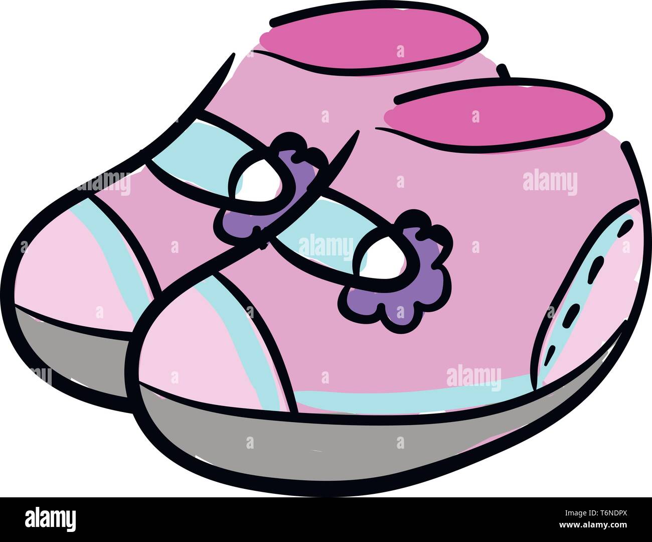 Clipart für ein Paar Schuhe rosa Farbe mit blau gefärbten elastischen Trägern und mit schönen violetten florale Designs und einen Aschegehalt b bedruckt Baby's Stock Vektor