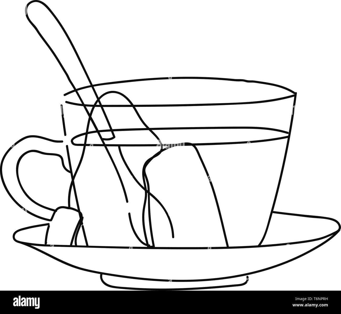 Ein weisser Tee Beutel mit einem Tag eingetaucht in ein Kaffee Tasse mit Milch und Löffel ist bereit, von der jemand vector Farbe, Zeichnung oder Lllustrat genossen zu werden. Stock Vektor