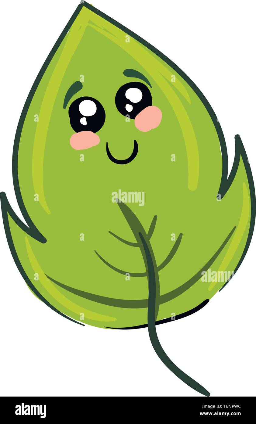 Ein grünes Blatt mit einem kurzen Stiel eine Marge und parallele Äderung hat eine geschlossene Lächeln bis auf die Wange vector Farbe, Zeichnung oder Abbildung Stock Vektor