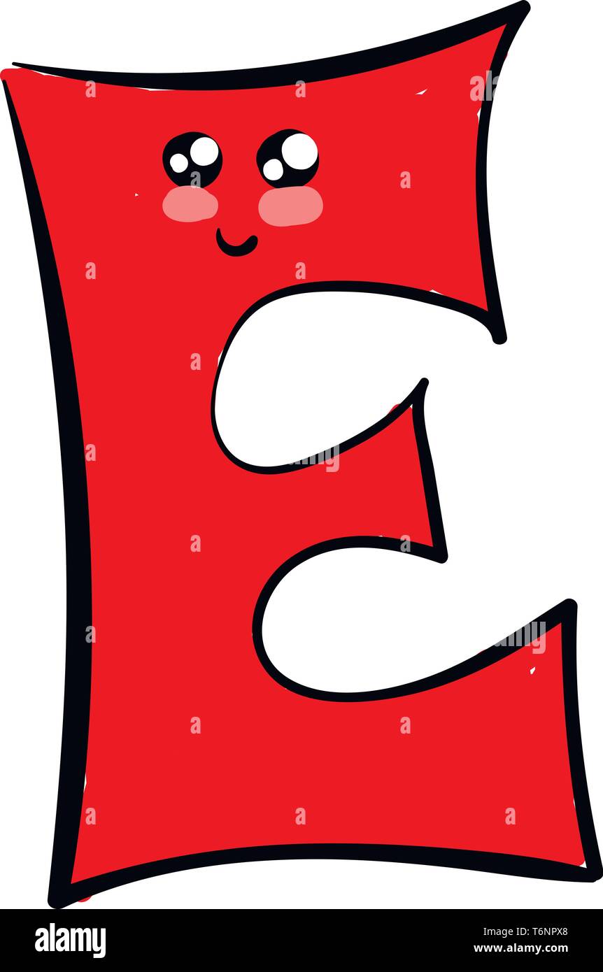 Emoji eines süßen roten Alphabet E mit zwei Augen hat eine geschlossene Lächeln auf die Wange beim Stehen vector Farbe, Zeichnung oder Abbildung Stock Vektor