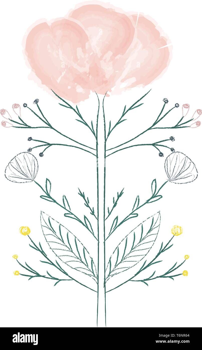 Bild einer rosa Blume mit Knospen und ovale Blätter auf einem stielvektor Farbe, Zeichnung oder Abbildung Stock Vektor