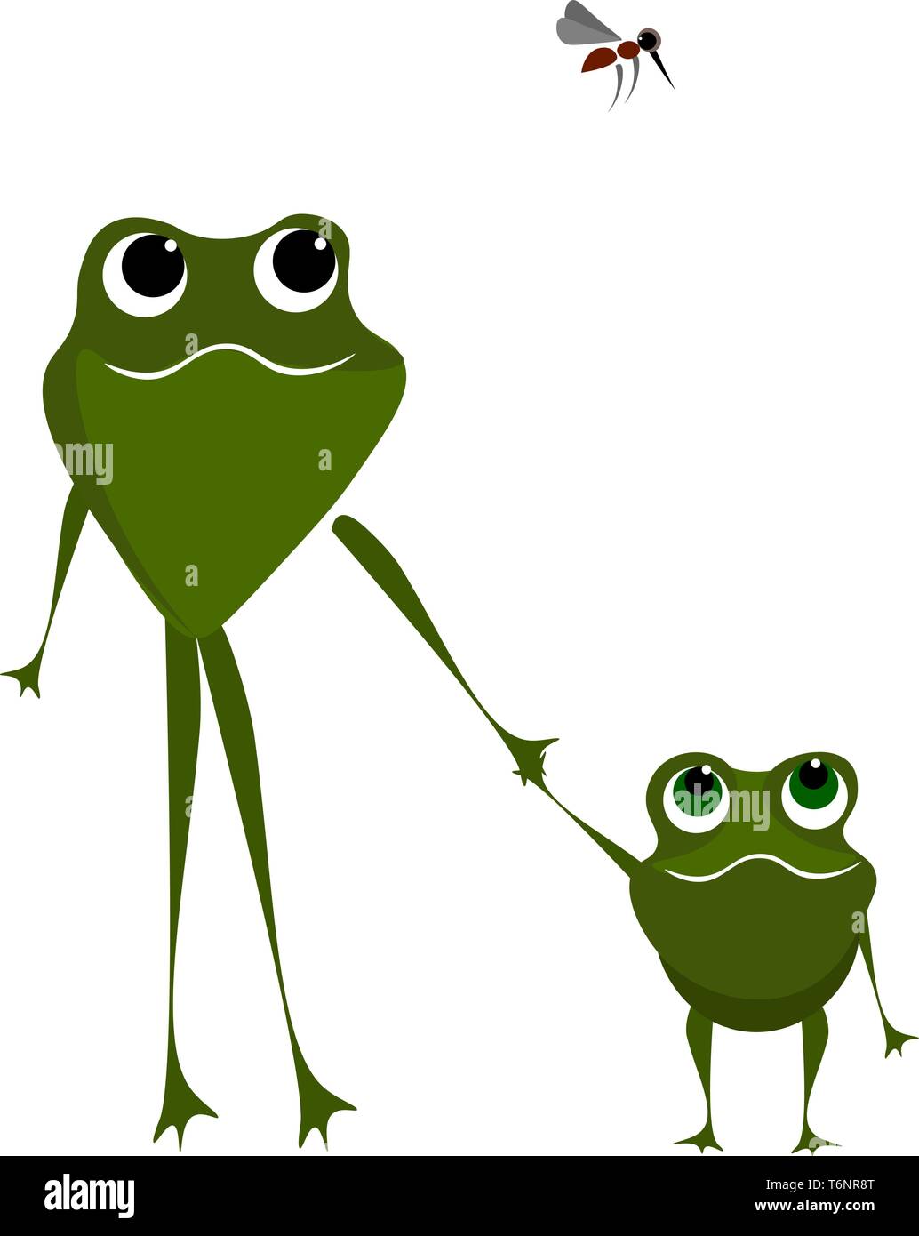 Mama und Kind grüne Frösche wandern hielten ihre Hände und eine Mücke fliegt über Ihnen auf weißem Hintergrund Vektor in der Farbe der Zeichnung isoliert oder krank Stock Vektor