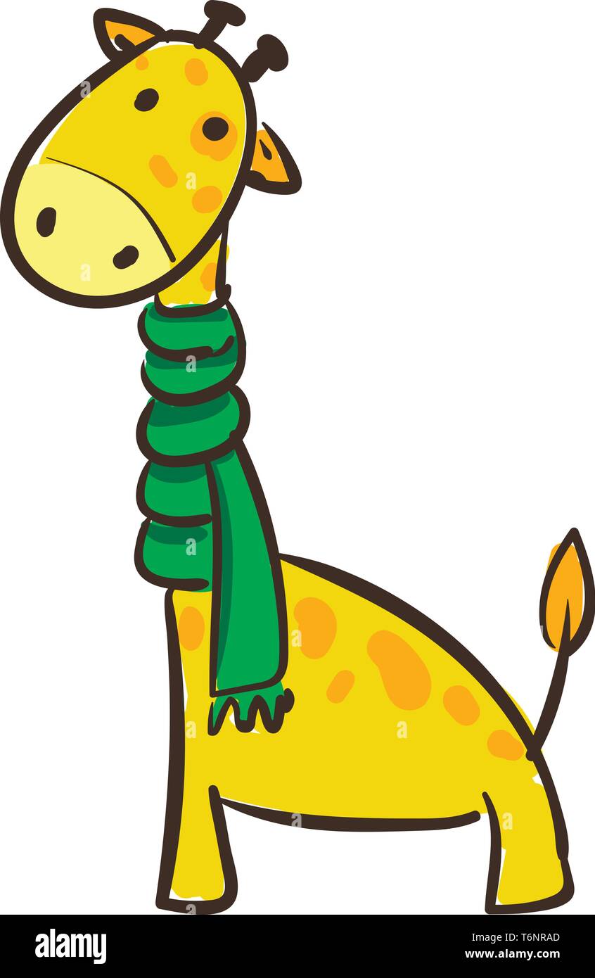 Cartoon gelbe Giraffe in einem grünen Schal um seinen langen Hals hat einen kurzen Schwanz zwei Hörner und Vorderbeine und einen Mantel mit braunen Flecken vec Stock Vektor