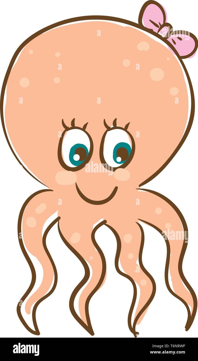 Cartoon orange Mädchen Octopus hat zwei grüne Augen gerollt trailing Tentakeln rosa Schleife Clip auf ihrem Haupt lächelt Vektor in der Farbe der Zeichnung o Stock Vektor