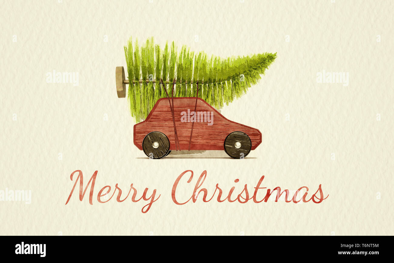 Rote Spielzeugauto mit grüner Weihnachtsbaum Aquarellmalerei Stockfoto