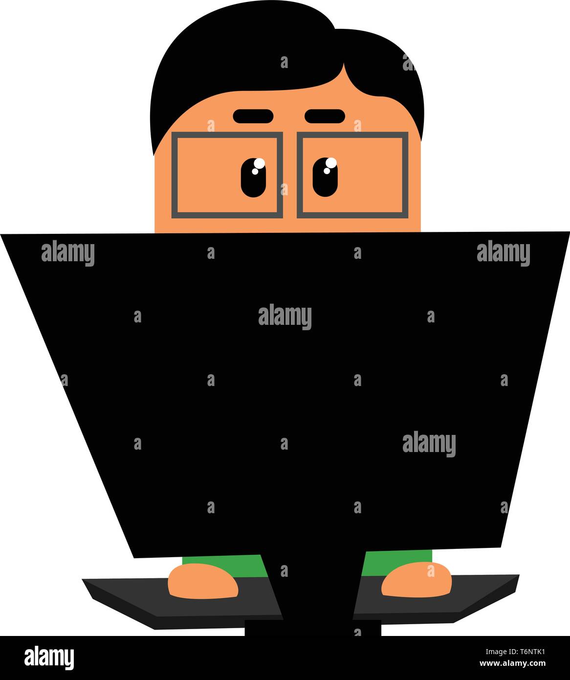 Clipart eines Offiziers in eine grüne Shirt rechteckigen Linsen aus keine Rahmen sieht in Bestürzung beim Sitzen und Arbeiten vor dem Laptop Vektor co Stock Vektor