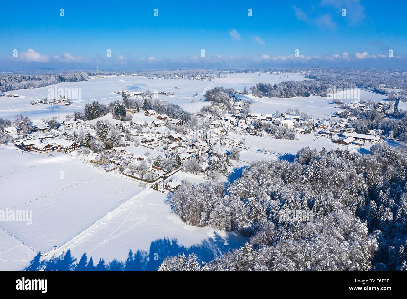 Winter Landschaft, Dörfer in der Nähe von Icking, Drone, Oberbayern, Bayern, Deutschland Stockfoto