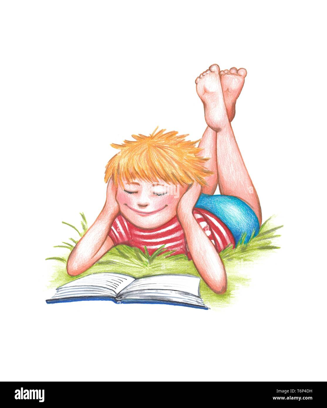 Junge, blond, liegt auf einer Wiese und liest ein Buch lachen, Clipping, Hintergrund weiß, Deutschland Stockfoto