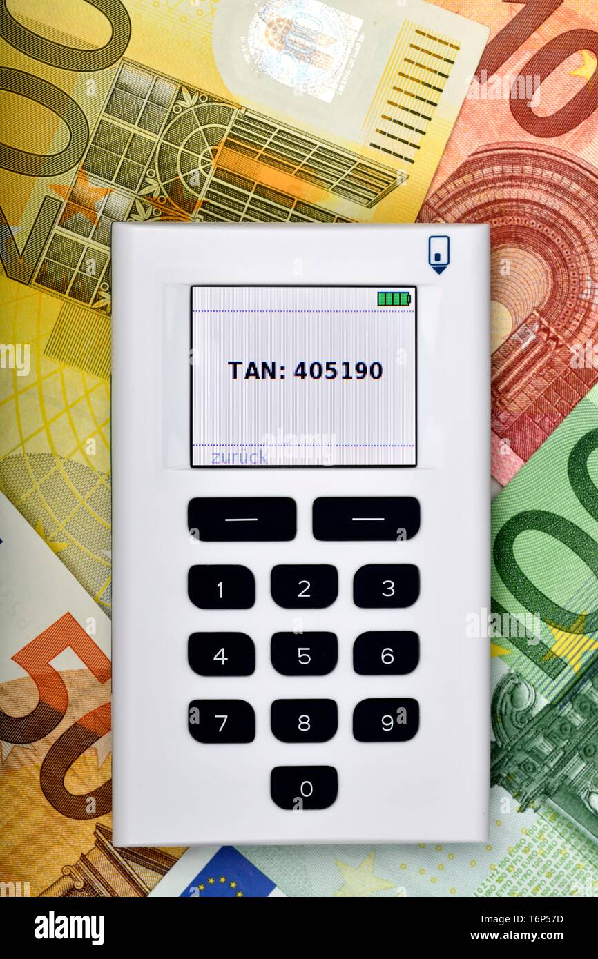 ChipTAN-Generator, TAN-Leser, auf verschiedenen Euro-banknoten, Baden-Württemberg, Deutschland Stockfoto