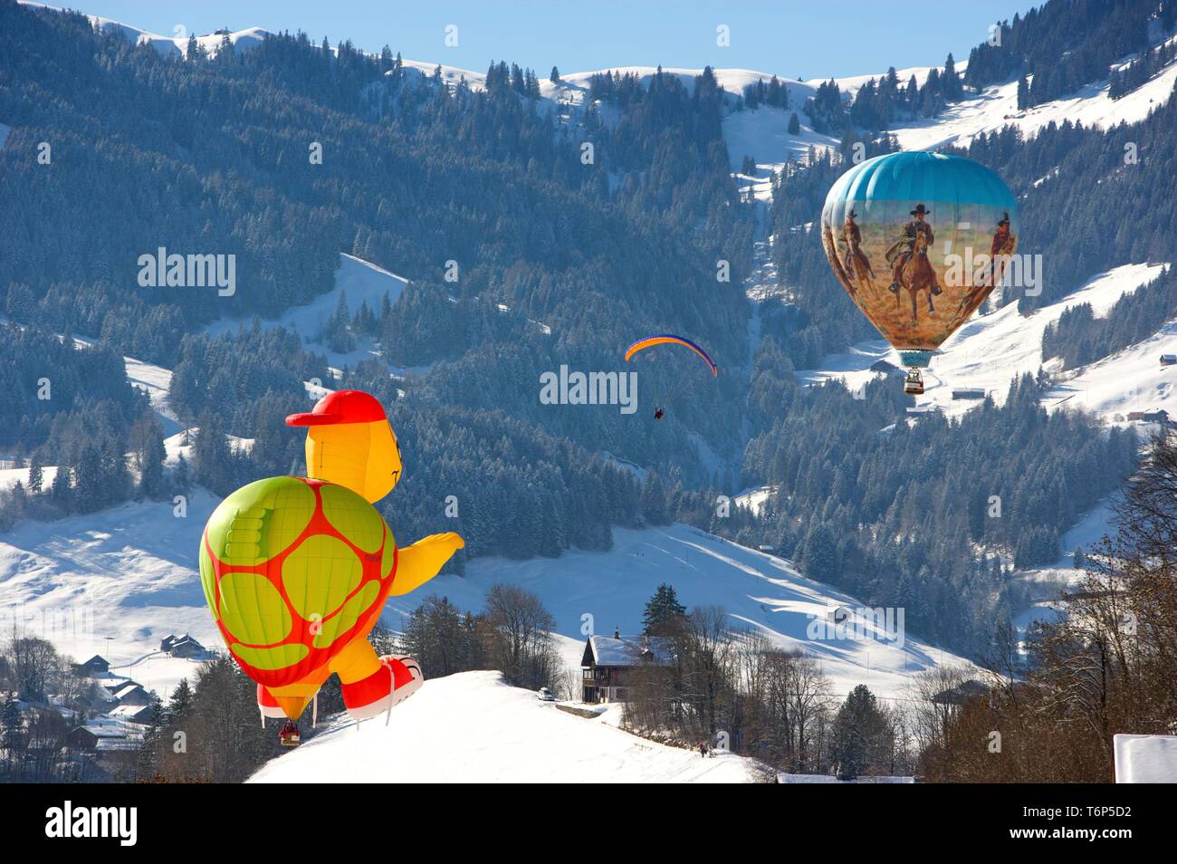 Speziell Heißluftballon, Montgolfiade 2009 in Chateau d'Oex, Schweiz, Europa Stockfoto
