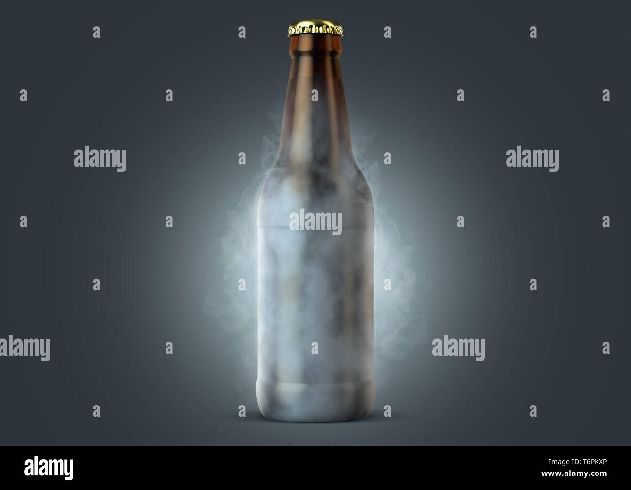 Eine eisige Kälte braunes Glas Bier Flasche mit Reif bedeckt und strahlt Eis Sublimation auf einem isolierten dunklen Studio Hintergrund - 3D-Rendering Stockfoto