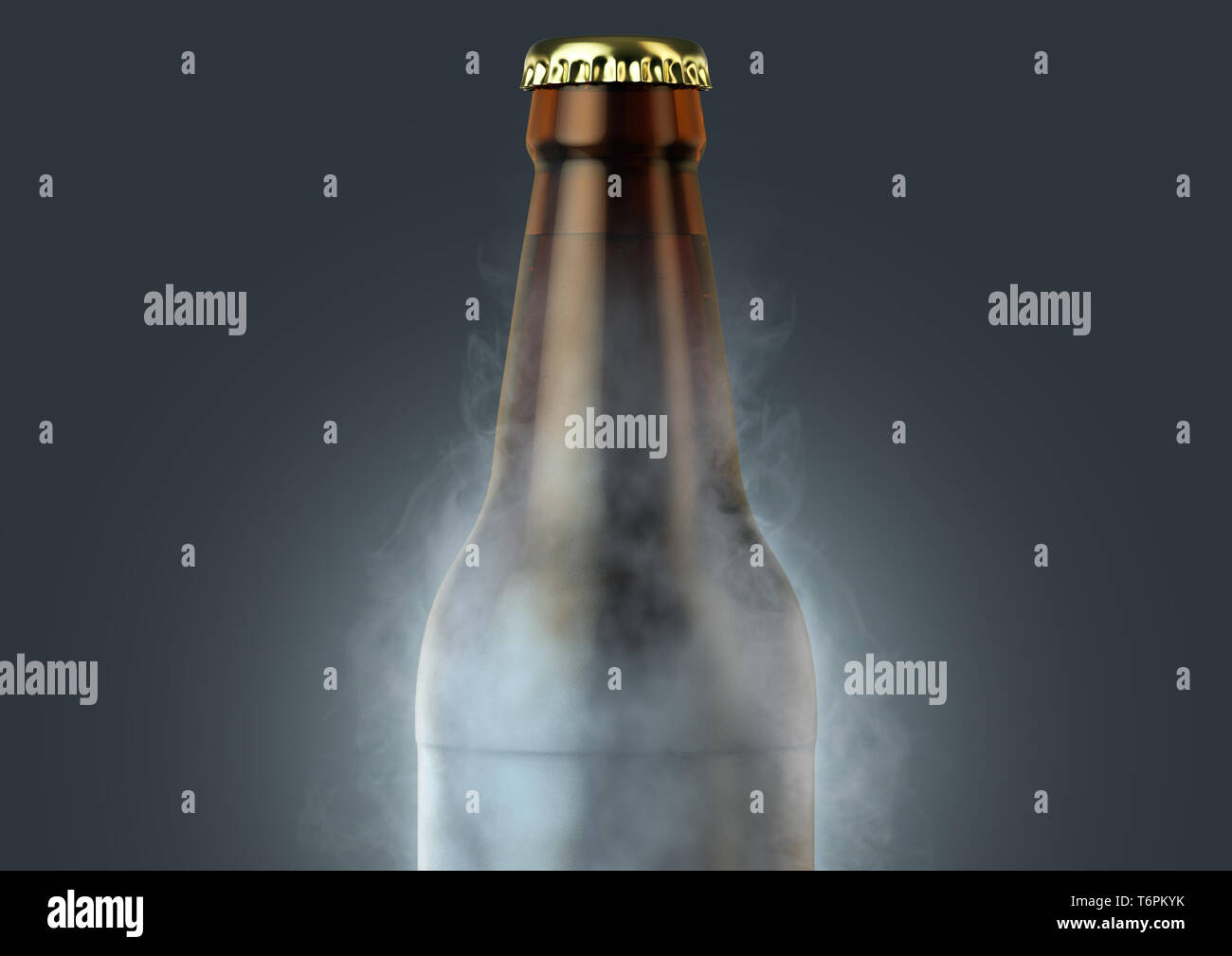 Eine eisige Kälte braunes Glas Bier Flasche mit Reif bedeckt und strahlt Eis Sublimation auf einem isolierten dunklen Studio Hintergrund - 3D-Rendering Stockfoto