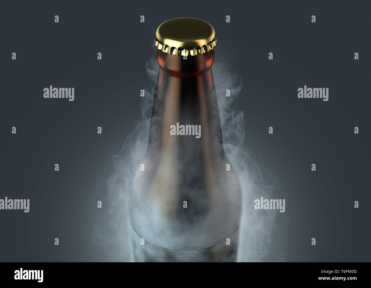 Eine eisige Kälte braunes Glas Bier Flasche mit Reif bedeckt und strahlt Eis Sublimation auf einem isolierten dunklen Studio Hintergrund - 3D-Rendering Stockfoto