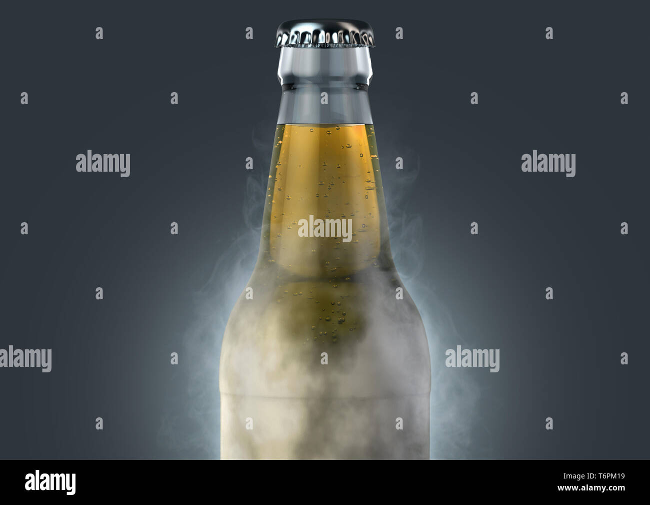 Eine eisige Kälte aus klarem Glas Bier Flasche mit Reif bedeckt und strahlt Eis Sublimation auf einem isolierten dunklen Studio Hintergrund - 3D-Rendering Stockfoto