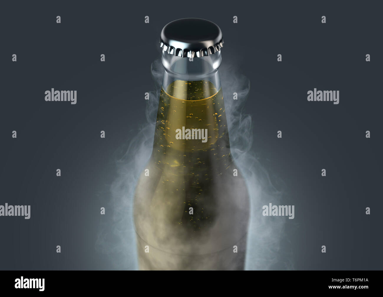 Eine eisige Kälte aus klarem Glas Bier Flasche mit Reif bedeckt und strahlt Eis Sublimation auf einem isolierten dunklen Studio Hintergrund - 3D-Rendering Stockfoto