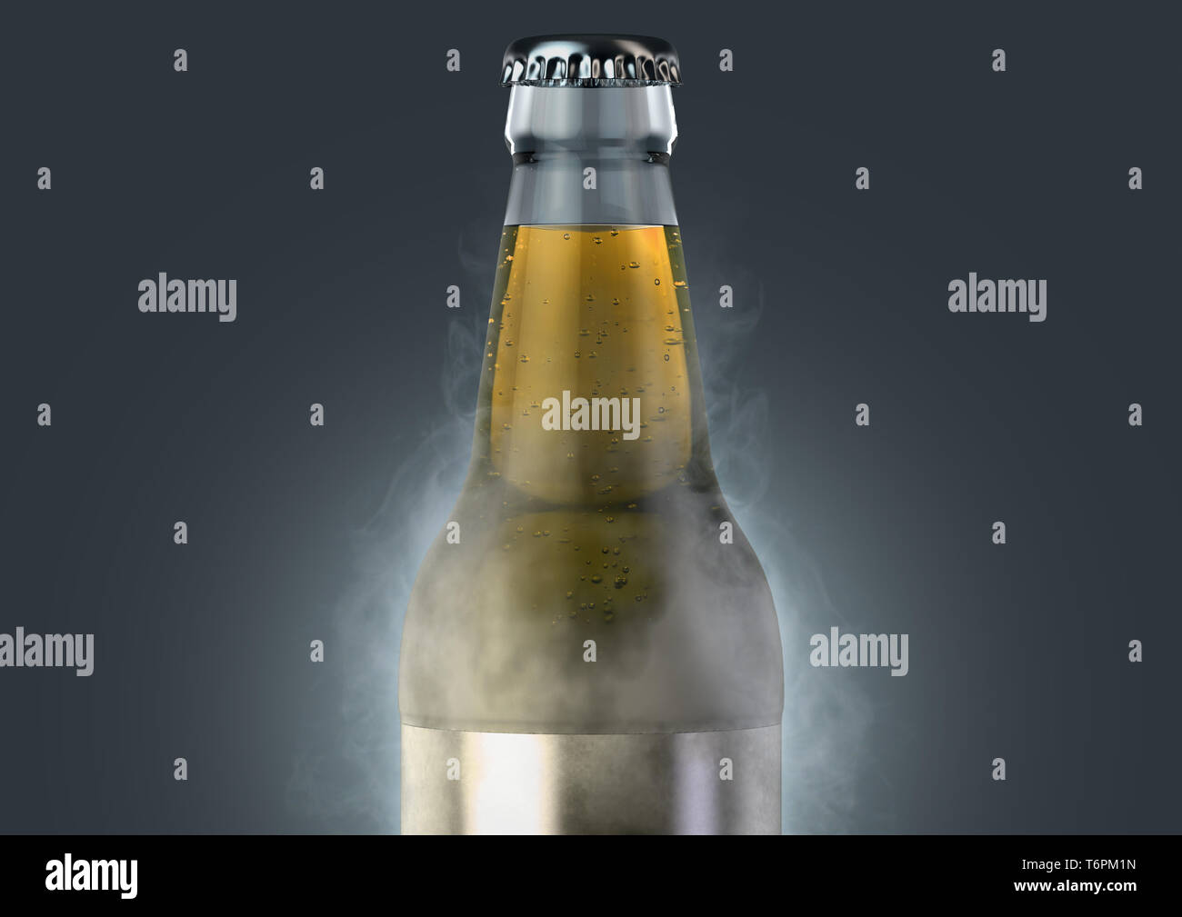 Eine eisige Kälte aus klarem Glas Bier Flasche mit Reif bedeckt und strahlt Eis Sublimation auf einem isolierten dunklen Studio Hintergrund - 3D-Rendering Stockfoto