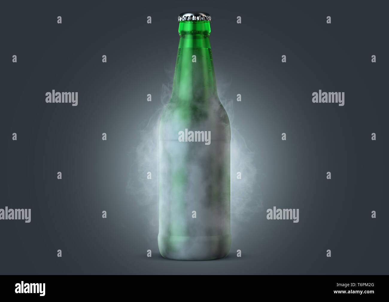 Eine eisige Kälte grünes Glas Bier Flasche fallen, in Frost und strahlt Eis Sublimation auf einem isolierten dunklen Studio Hintergrund - 3D-Rendering Stockfoto