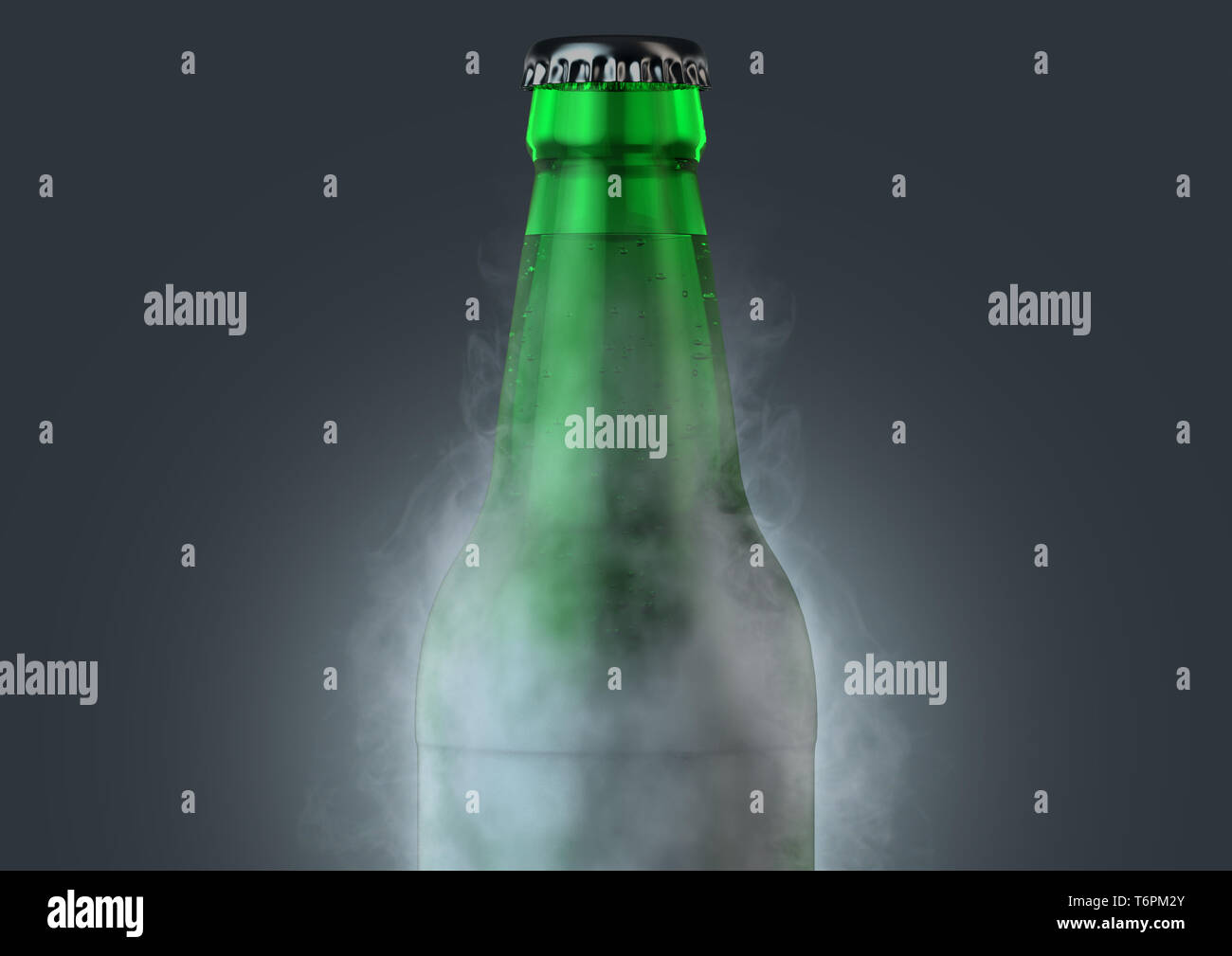 Eine eisige Kälte grünes Glas Bier Flasche fallen, in Frost und strahlt Eis Sublimation auf einem isolierten dunklen Studio Hintergrund - 3D-Rendering Stockfoto