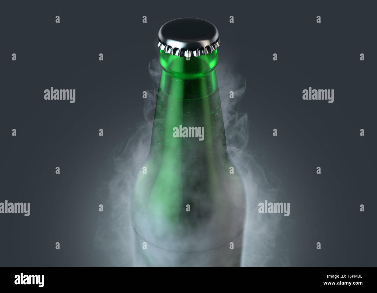 Eine eisige Kälte grünes Glas Bier Flasche fallen, in Frost und strahlt Eis Sublimation auf einem isolierten dunklen Studio Hintergrund - 3D-Rendering Stockfoto