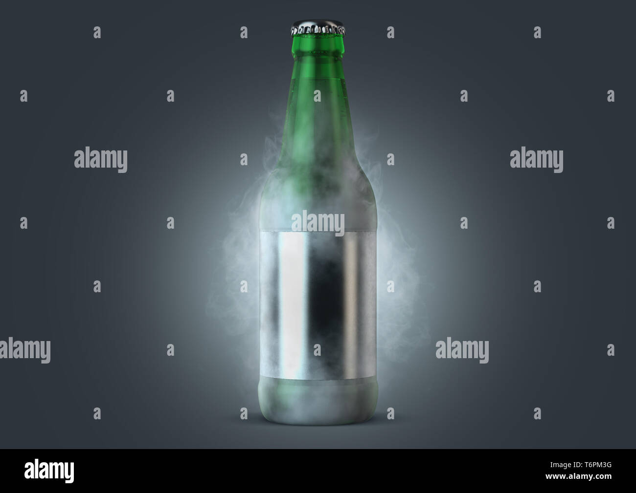 Eine eisige Kälte grünes Glas Bier Flasche fallen, in Frost und strahlt Eis Sublimation auf einem isolierten dunklen Studio Hintergrund - 3D-Rendering Stockfoto