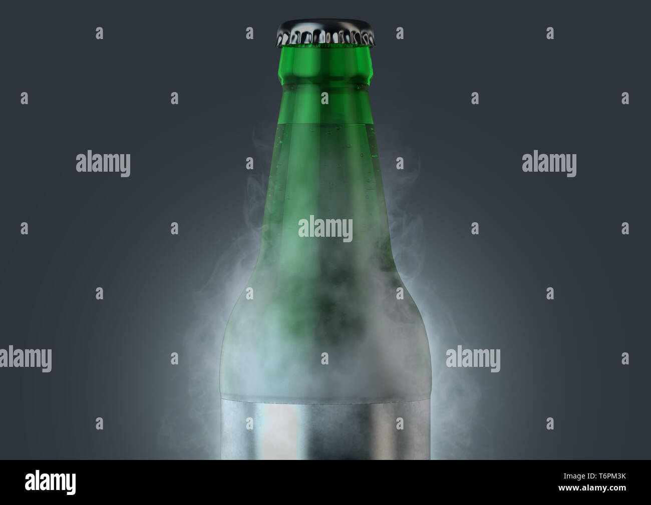 Eine eisige Kälte grünes Glas Bier Flasche fallen, in Frost und strahlt Eis Sublimation auf einem isolierten dunklen Studio Hintergrund - 3D-Rendering Stockfoto