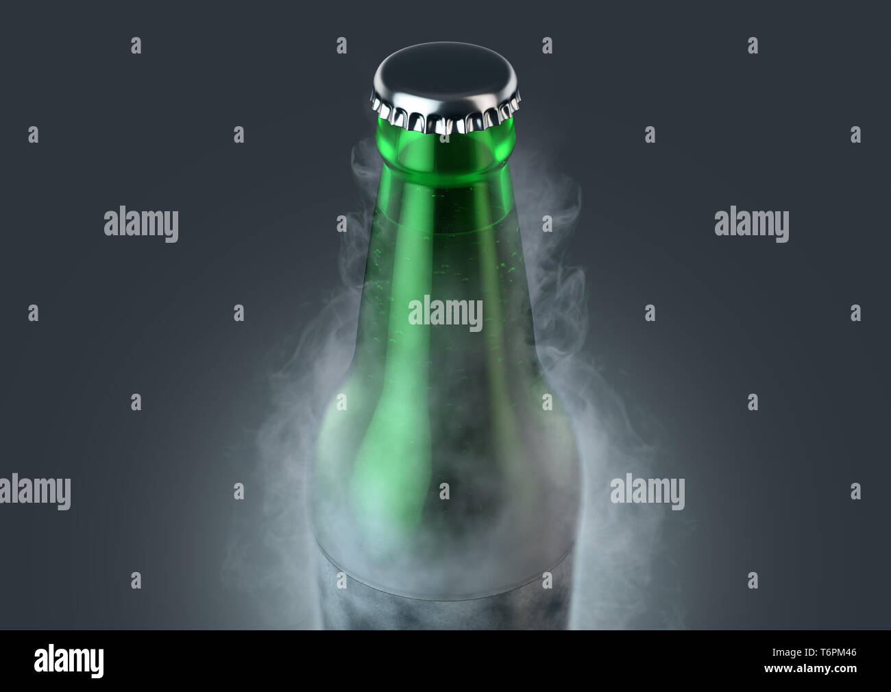Eine eisige Kälte grünes Glas Bier Flasche fallen, in Frost und strahlt Eis Sublimation auf einem isolierten dunklen Studio Hintergrund - 3D-Rendering Stockfoto