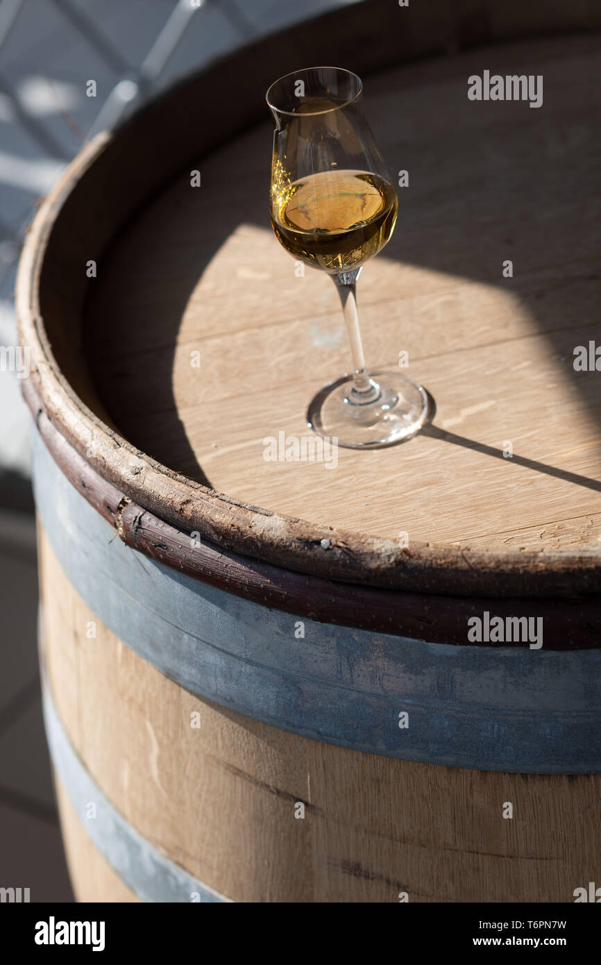 Ein Glas Weißwein auf ein Fass *** Local Caption *** Stockfoto