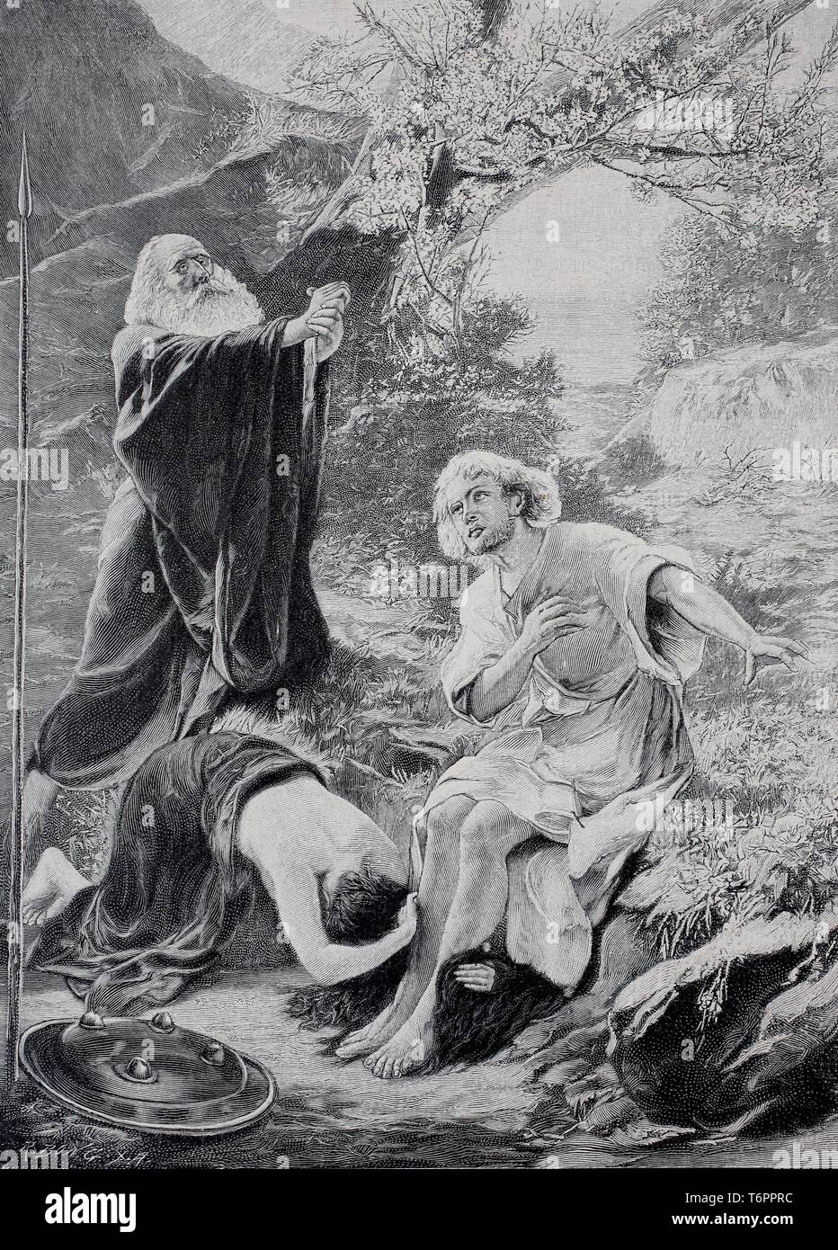 Parsifal und Gurnemanz, Kundry, Szene aus einer Oper von deutschen Komponisten Richard Wagner, 1890, historische Darstellung, Deutschland Stockfoto
