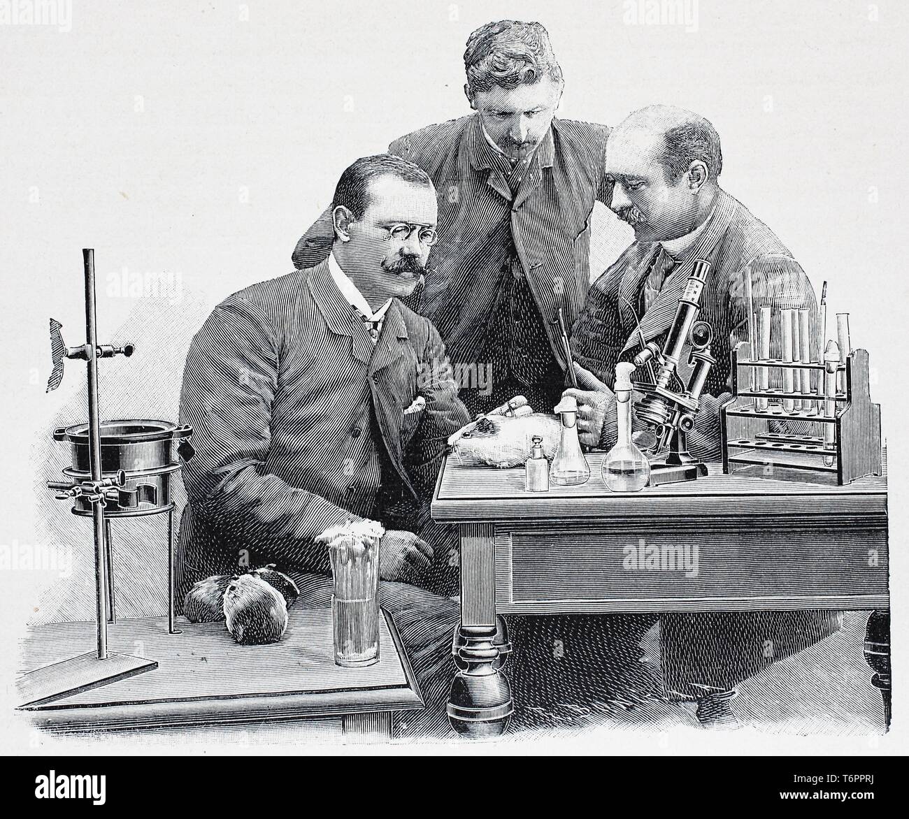 Emil Adolf Behring, 1854-1917, deutscher Immunologe, mit seinen Assistenten im Labor, 1890, historische Darstellung, Deutschland Stockfoto
