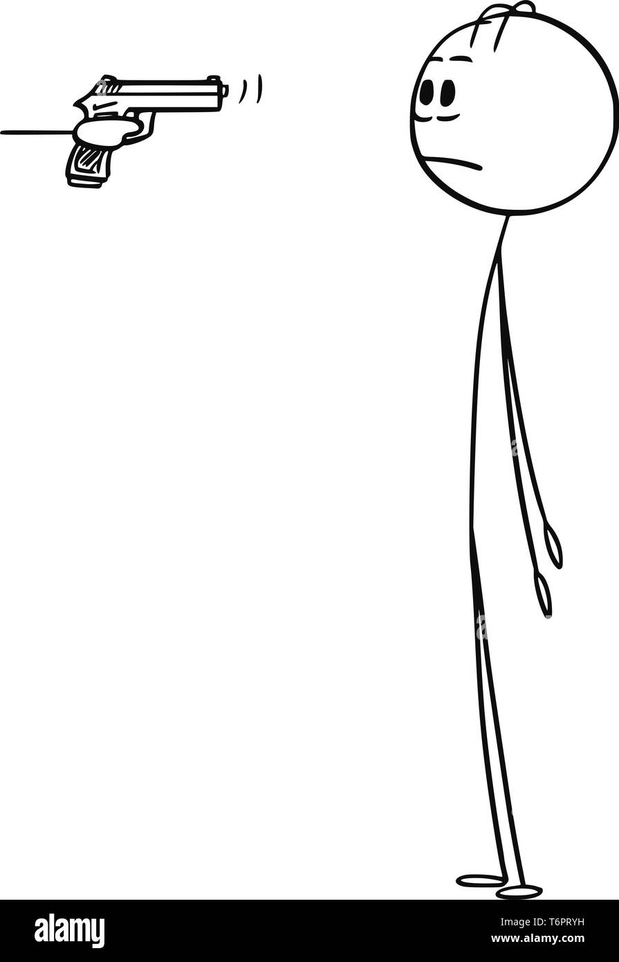 Cartoon Strichmännchen Zeichnung konzeptuelle Darstellung von Hand mit Gewehr oder halbautomatische Pistole auf Kopf oder schockiert Mann oder Geschäftsmann. Stock Vektor