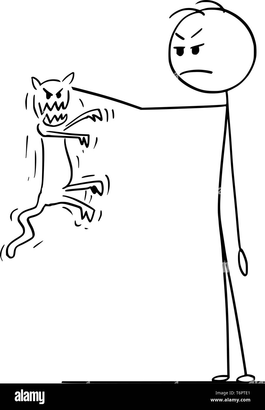 Cartoon Strichmännchen Zeichnen konzeptionelle Darstellung der Mann hält in der Hand wütend und aggressiv Katze versucht zu beißen und Kratzen. Stock Vektor