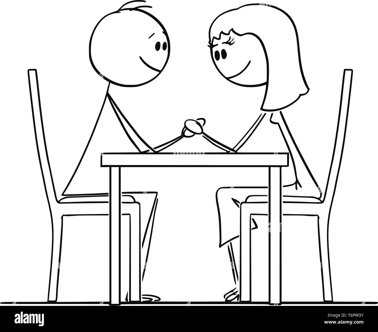 Cartoon Strichmännchen Zeichnen konzeptionelle Darstellung der liebenden Paar von Mann und Frau, hinter einem Tisch im Restaurant, halten sich an den Händen und Augen. Stock Vektor