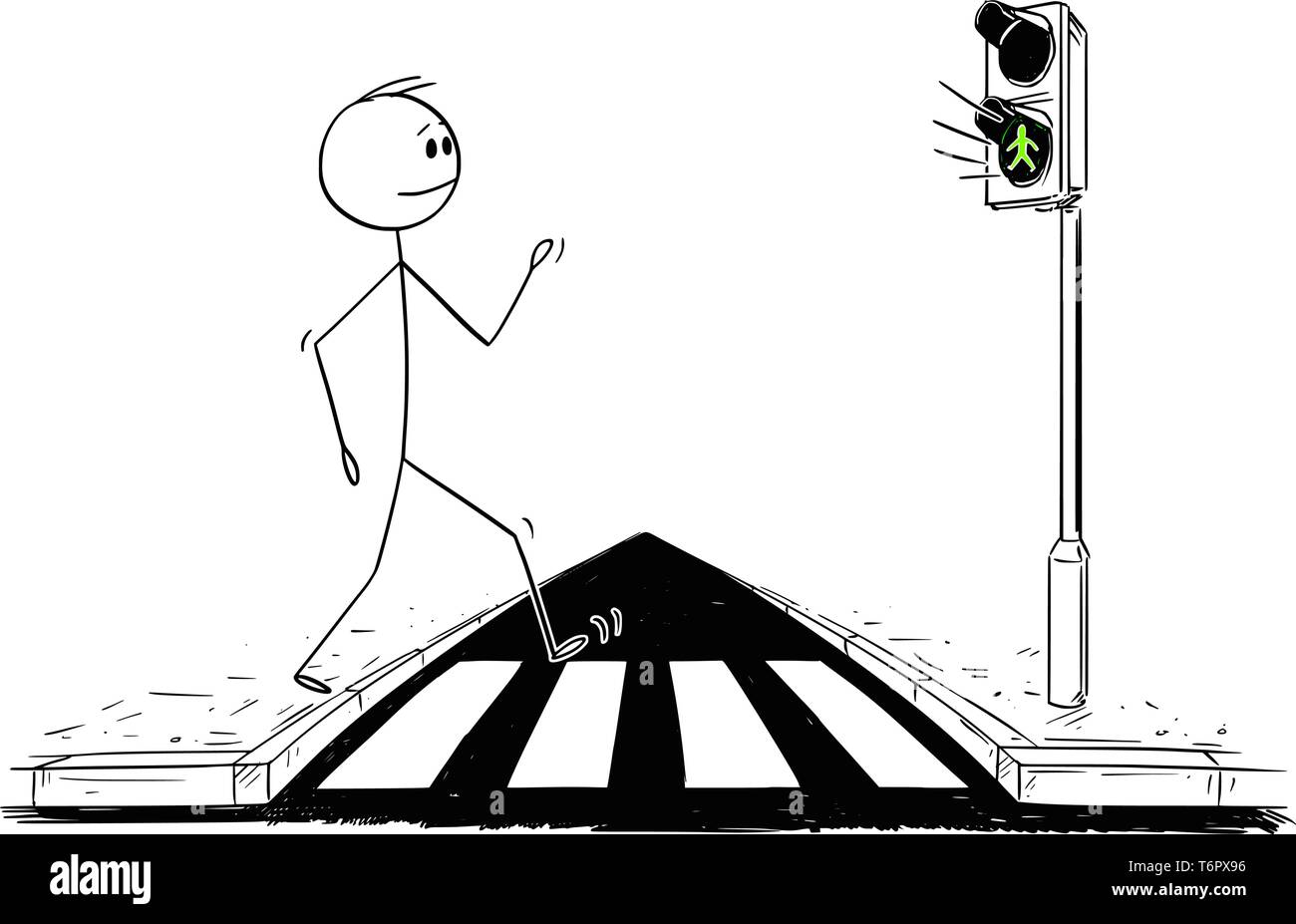 Cartoon Strichmännchen Zeichnen konzeptionelle Darstellung der Mann zu Fuß auf zebrastreifen oder Zebrastreifen, während die grüne Anzeige leuchtet auf Ampeln. Stock Vektor