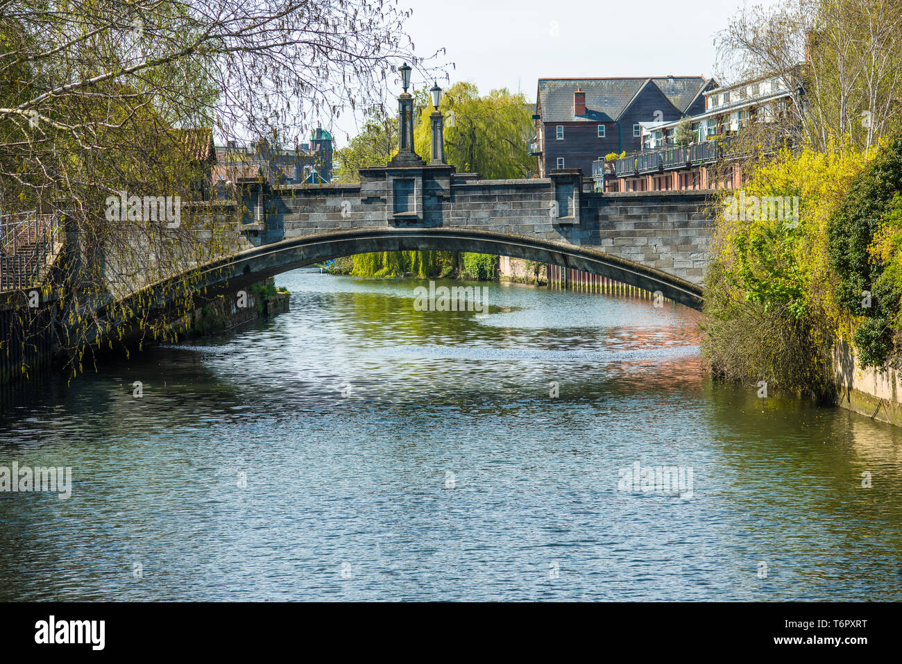 Der Fluss Wensum und Whitefriars Brücke in Norwich, Norfolk, Großbritannien. Stockfoto
