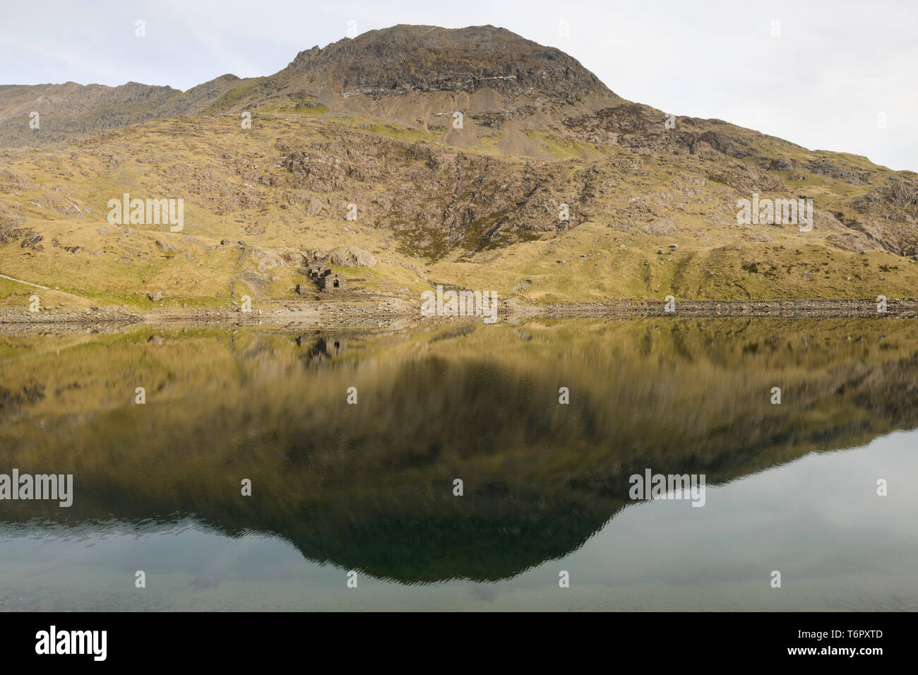 Grib Goch in den Spiegel - wie Wasser von Llyn Llydaw, Snowdonia wider. Stockfoto
