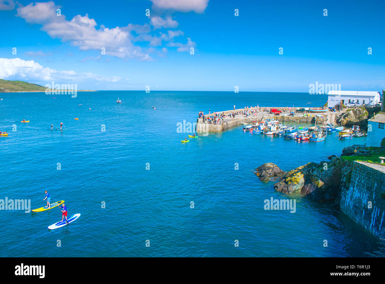 Coverack Hafen in Corwall, auf einem langen sonnigen Tag. Paddel Boarder sind im Wasser und es gibt viel acrivity auf der Hafenmauer. Stockfoto