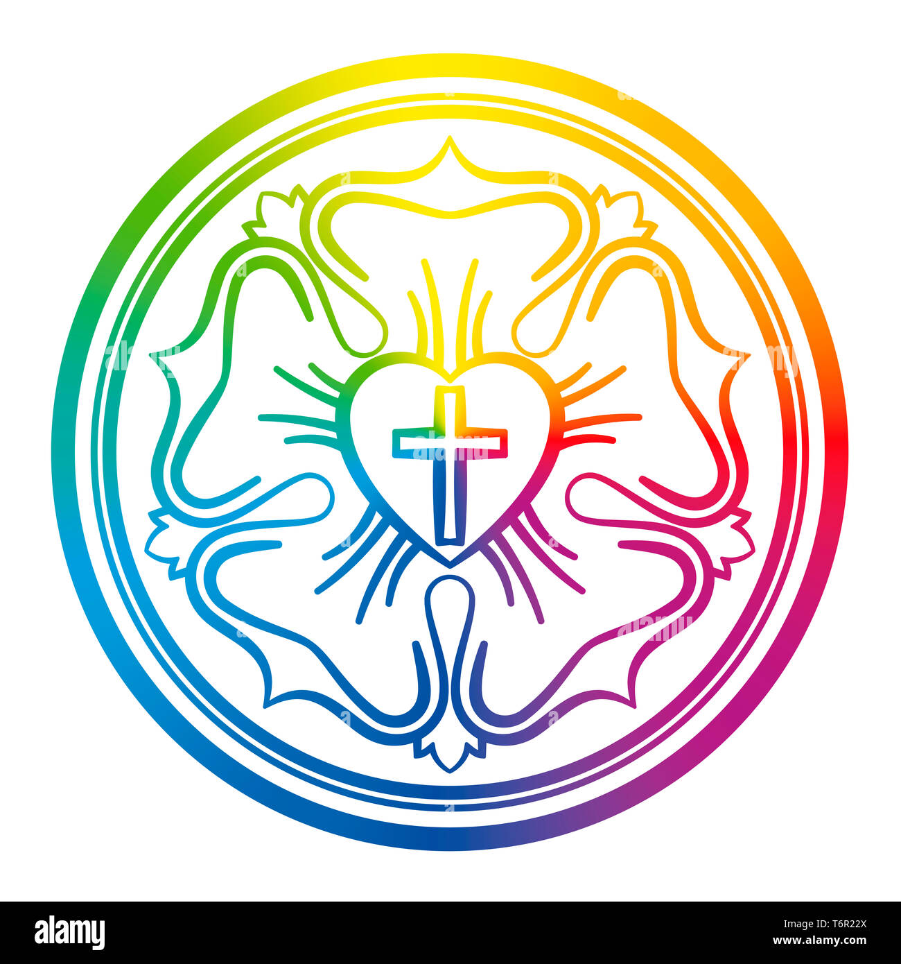 Luther rose Symbol. Rainbow farbige Zeichen des Luthertums und Protestanten, bestehend aus ein Kreuz, ein Herz, eine Rose und ein Ring. Stockfoto
