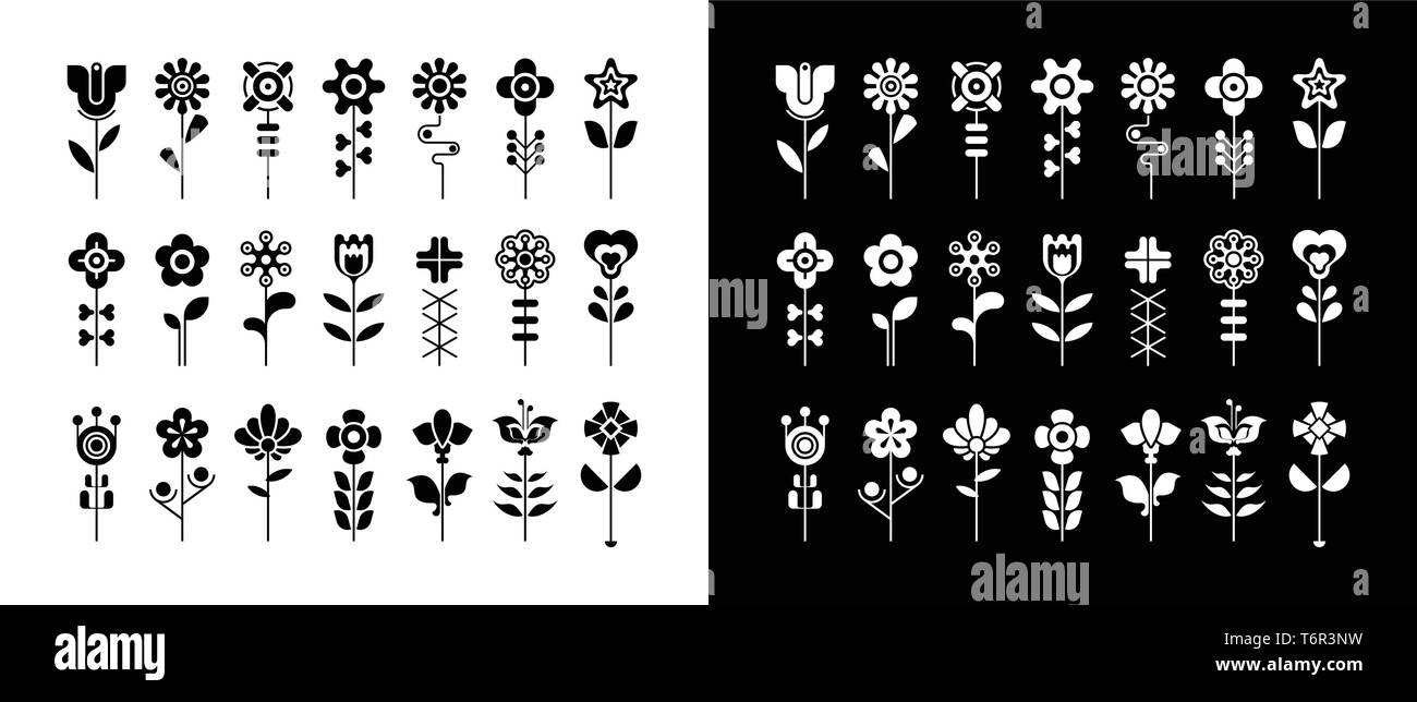 Schwarze und weiße Blume vektor Icon Set. Kann als Logo verwendet werden. Großes Bündel von floralen Gestaltungselemente. Stock Vektor