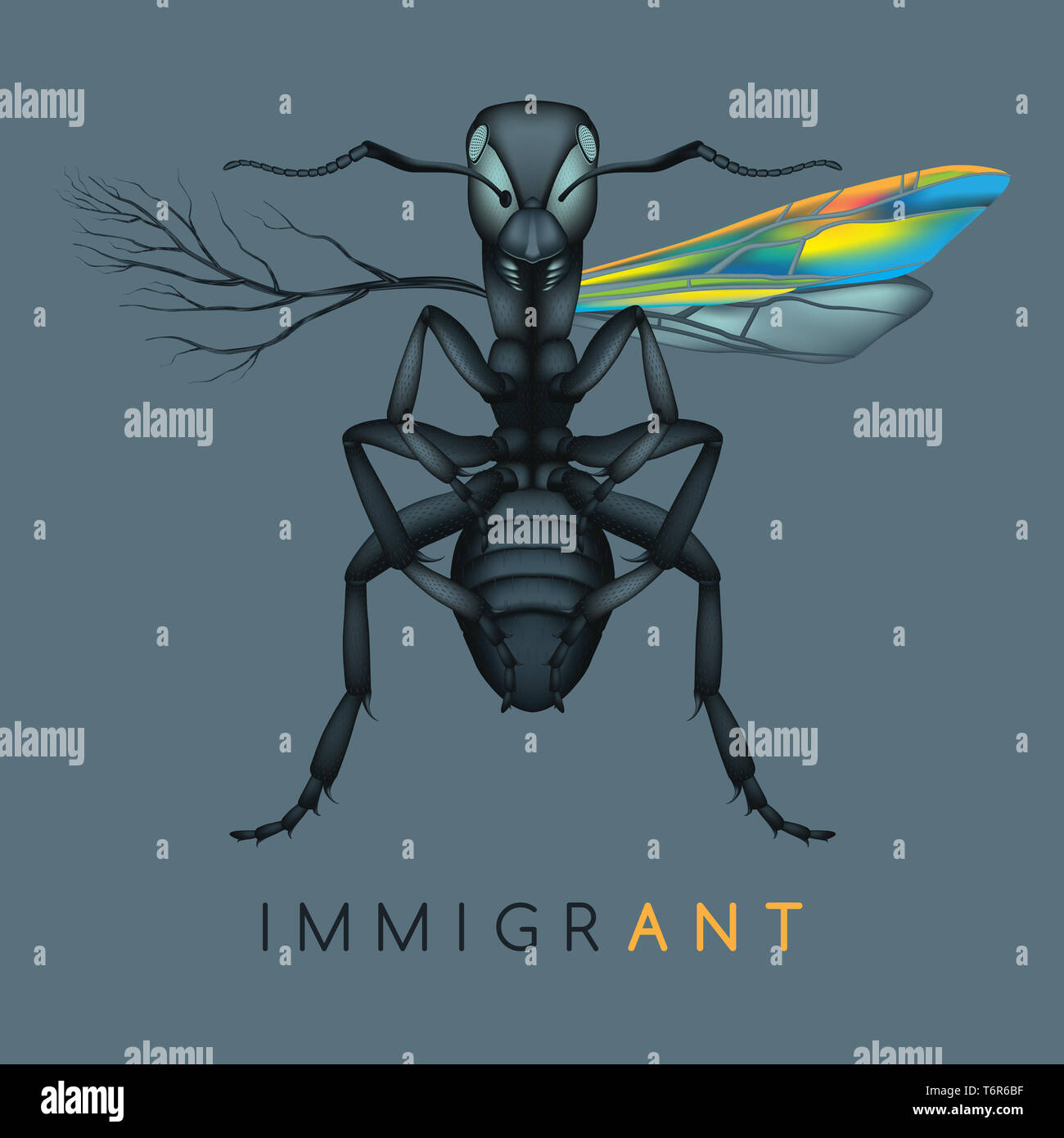 Ausführliche ANT Illustration - Einwanderer - pliANT Wurzeln - defiANT Flügel - Vektor Konzept - Metapher Stockfoto