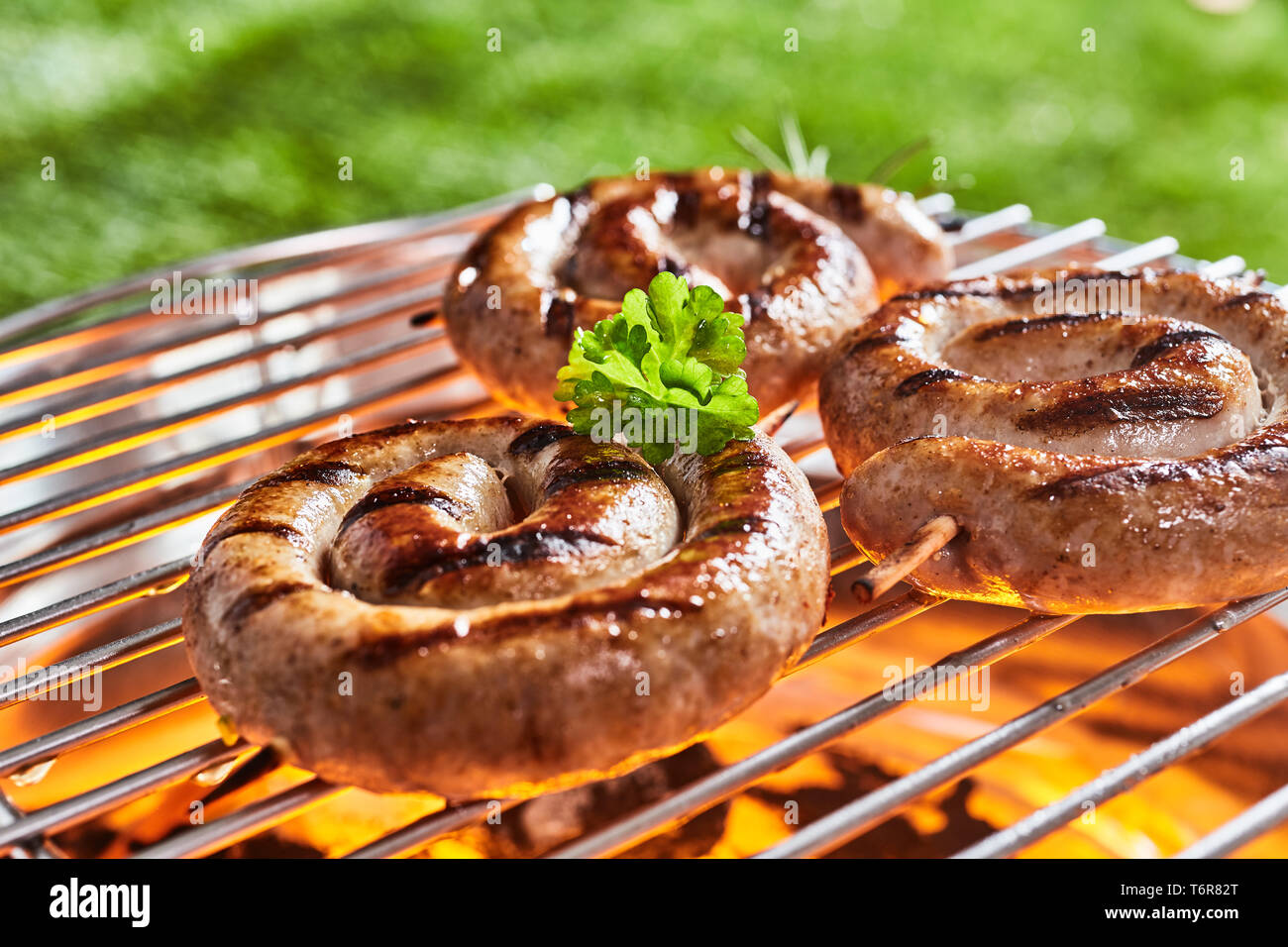 Spulen mit saftigen Rindfleisch Wurst auf dem Grill grillen über glühenden Kohlen, draußen im Garten oder Park an einem sommerlichen Picknick Stockfoto
