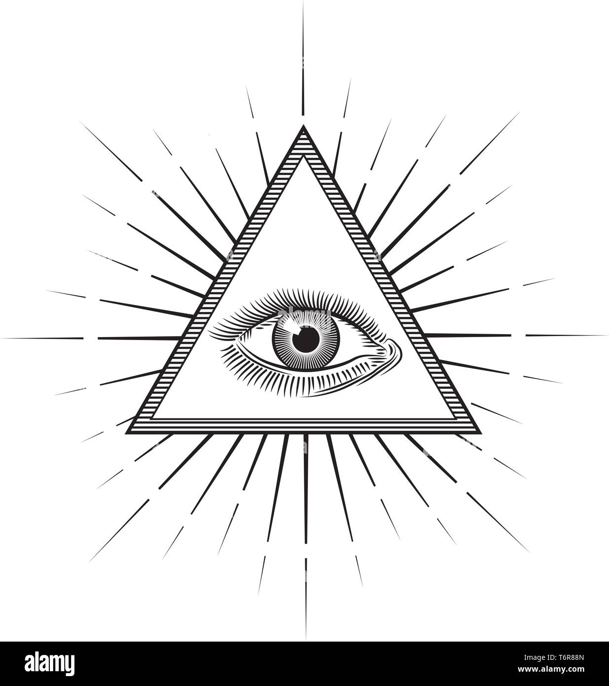 Vintage Gravur im Auge der Vorsehung oder All seeing Eye im inneren Dreieck Pyramide. Religion, Spiritualität und Okkultismus Symbol isoliert Vektor illus Stock Vektor