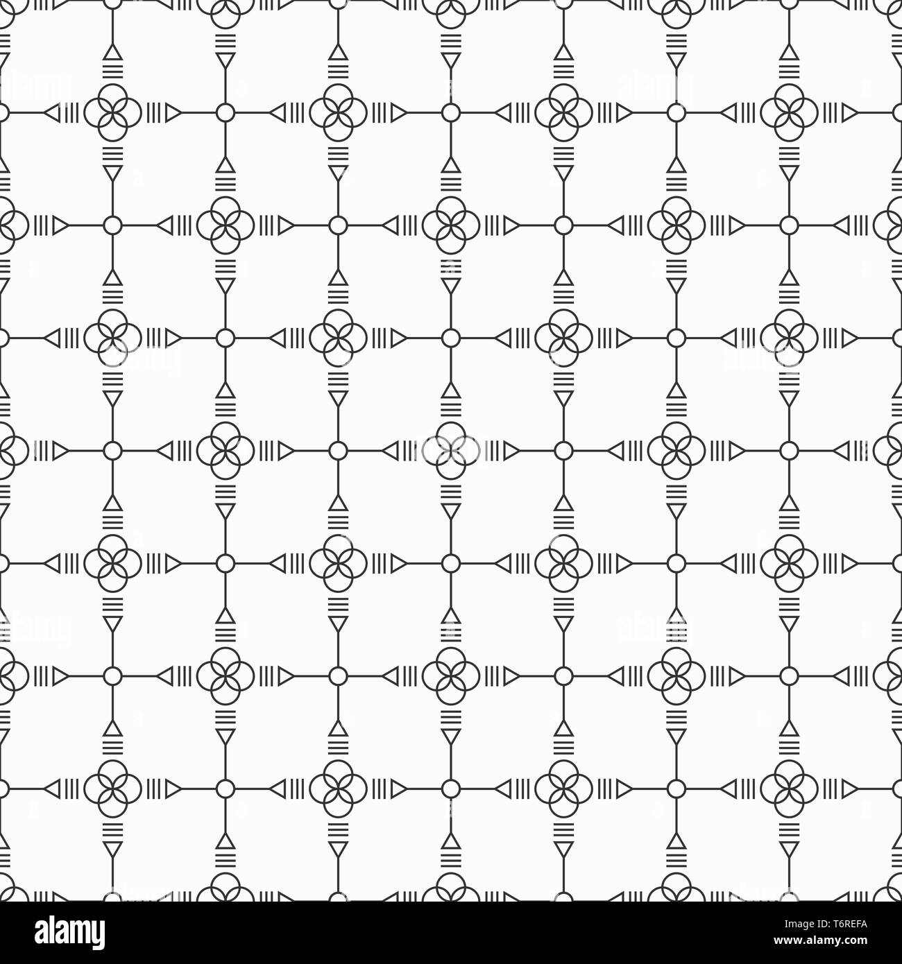 Vektor monochrome nahtlose Muster. Regelmäßig wiederkehrende Ornament von geometrischen Formen. Moderne, elegante Textur. Lineare Stil. Abstrakte Symbole. Stock Vektor