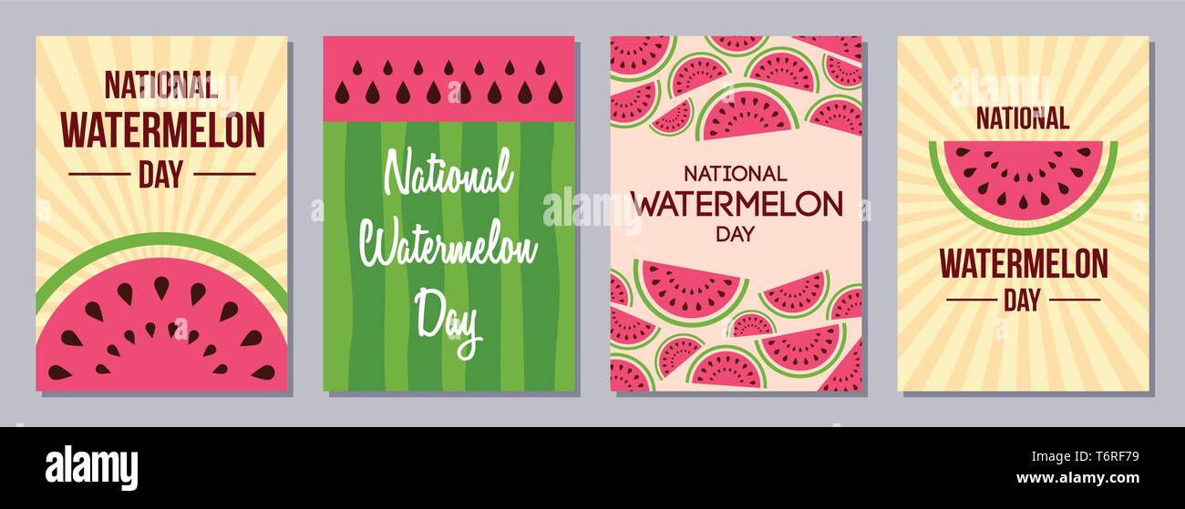 Satz von Flyer, Poster, Banner, Plakate, Karten, Broschüren Designvorlagen A6 Größe. Wassermelone Tag. Scheiben Wassermelone. Textur der Wassermelonen Stock Vektor