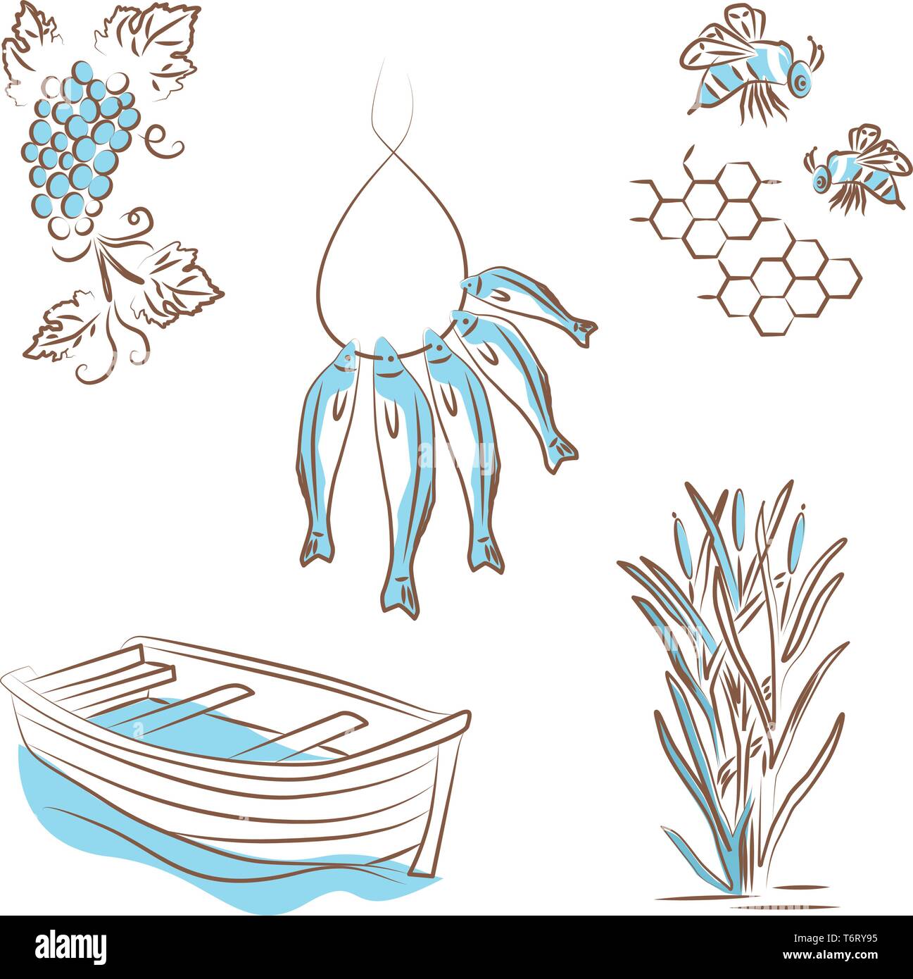 Vector Illustration, Logo über Sommer Arten der Erholung auf dem Fluss. Skizzen der Boote, Schilf, Angeln, Fische auf einem Seil, Bienen sammeln Honig, honeyc Stock Vektor